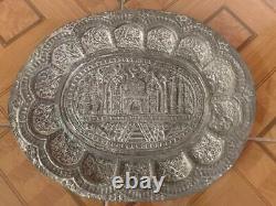 Old Antique Vintage Brass Handmade Taj Mahal Embossed Decorative Plate Tray Wall