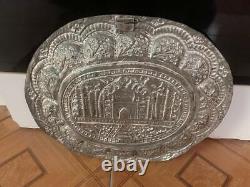 Old Antique Vintage Brass Handmade Taj Mahal Embossed Decorative Plate Tray Wall