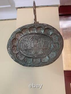 Old Antique Vintage Brass Handmade Taj Mahal Embossed Decorative Plate Tray Wall