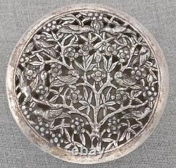 Old Khmer Cambodia Pierced Round Betel Ornate Chased Figural box, silver plated