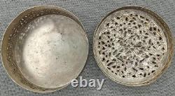 Old Khmer Cambodia Pierced Round Betel Ornate Chased Figural box, silver plated