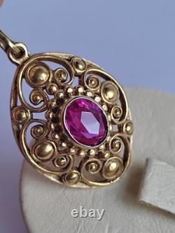 Old Vintage 70s Soviet Union Silver 875 Gold Plated Pendant USSR Red Stone Ruby