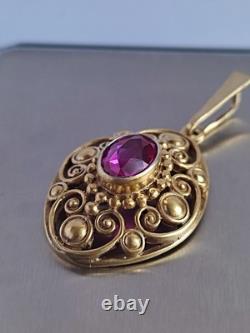 Old Vintage 70s Soviet Union Silver 875 Gold Plated Pendant USSR Red Stone Ruby