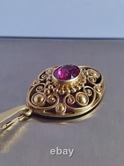 Old Vintage 70s Soviet Union Silver 875 Gold Plated Pendant USSR Red Stone Ruby
