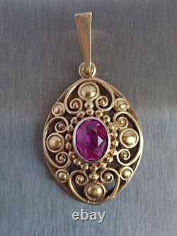 Old Vintage 70s Soviet Union Silver 875 Gold Plated Pendant USSR Red Stone Ruby