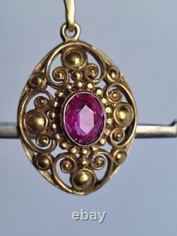 Old Vintage 70s Soviet Union Silver 875 Gold Plated Pendant USSR Red Stone Ruby