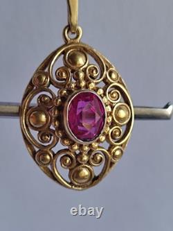 Old Vintage 70s Soviet Union Silver 875 Gold Plated Pendant USSR Red Stone Ruby