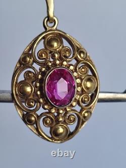 Old Vintage 70s Soviet Union Silver 875 Gold Plated Pendant USSR Red Stone Ruby