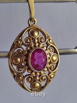 Old Vintage 70s Soviet Union Silver 875 Gold Plated Pendant USSR Red Stone Ruby