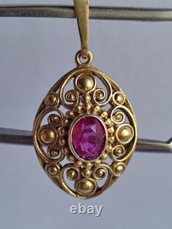 Old Vintage 70s Soviet Union Silver 875 Gold Plated Pendant USSR Red Stone Ruby