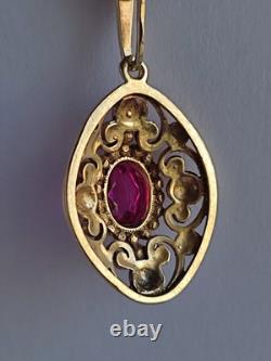 Old Vintage 70s Soviet Union Silver 875 Gold Plated Pendant USSR Red Stone Ruby