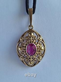 Old Vintage 70s Soviet Union Silver 875 Gold Plated Pendant USSR Red Stone Ruby