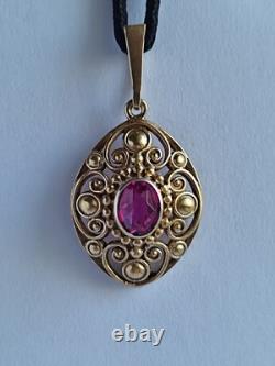 Old Vintage 70s Soviet Union Silver 875 Gold Plated Pendant USSR Red Stone Ruby