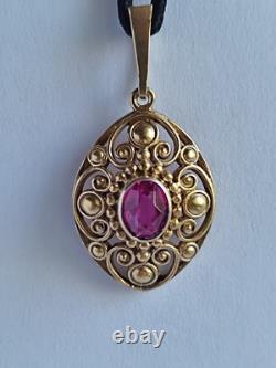 Old Vintage 70s Soviet Union Silver 875 Gold Plated Pendant USSR Red Stone Ruby