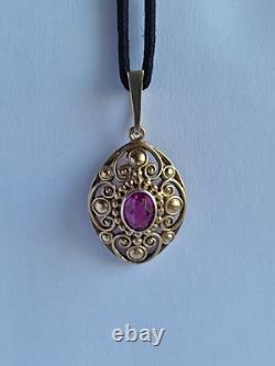 Old Vintage 70s Soviet Union Silver 875 Gold Plated Pendant USSR Red Stone Ruby