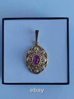 Old Vintage 70s Soviet Union Silver 875 Gold Plated Pendant USSR Red Stone Ruby