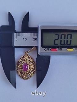 Old Vintage 70s Soviet Union Silver 875 Gold Plated Pendant USSR Red Stone Ruby