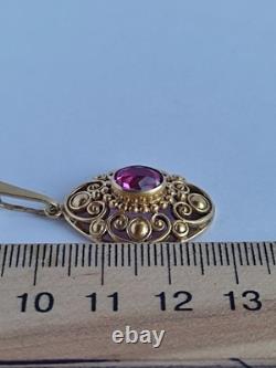 Old Vintage 70s Soviet Union Silver 875 Gold Plated Pendant USSR Red Stone Ruby