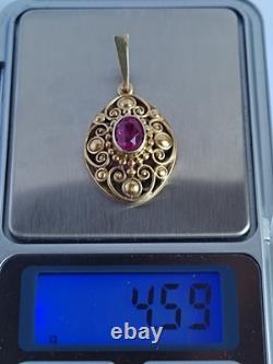 Old Vintage 70s Soviet Union Silver 875 Gold Plated Pendant USSR Red Stone Ruby