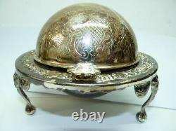 Old Vintage Silver-Plated Caviar Container English Marked Hooded Original Liner