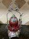 Oneida Quadruple Silver Pickle Castor & Tongs Cranberry Bull's Eye Insert