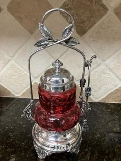 Oneida Quadruple Silver Pickle Castor & Tongs Cranberry Bull's Eye Insert