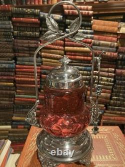 Oneida Quadruple Silver Pickle Castor & Tongs Cranberry Bull's Eye Insert