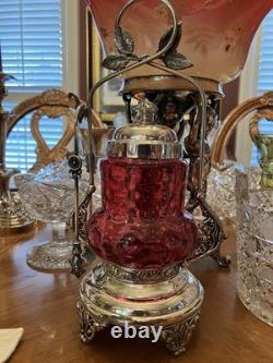 Oneida Quadruple Silver Pickle Castor & Tongs Cranberry Bull's Eye Insert
