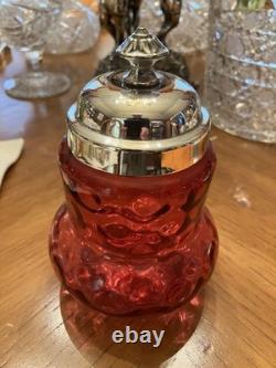 Oneida Quadruple Silver Pickle Castor & Tongs Cranberry Bull's Eye Insert