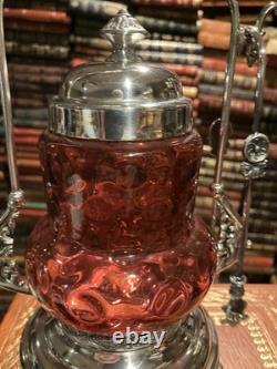 Oneida Quadruple Silver Pickle Castor & Tongs Cranberry Bull's Eye Insert