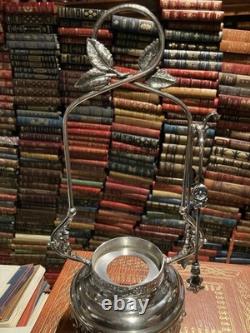 Oneida Quadruple Silver Pickle Castor & Tongs Cranberry Bull's Eye Insert