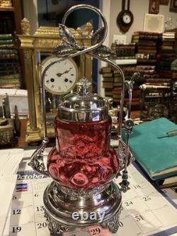 Oneida Quadruple Silver Pickle Castor & Tongs Cranberry Bull's Eye Insert