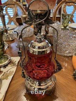 Oneida Quadruple Silver Pickle Castor & Tongs Cranberry Bull's Eye Insert