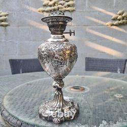 Original Large Fancy Victorian Walker & Hall Silver Plated Oil Lamp & Burner
