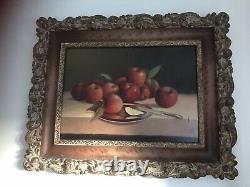 Original Oil Painting On Canvas, Still Life Apples And Silver Plate And Knife