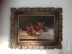 Original Oil Painting On Canvas, Still Life Apples And Silver Plate And Knife