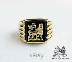 Original Rasta Thanamee Lion Onyx 18k Gold Plated. 925 Silver Ring Sz 11