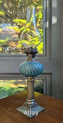 Original Victorian Silver Plated Blue Nailsea Clichy Oil Lamp Font Burner Base