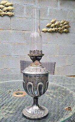 Original Victorian Walker & Hall Silver Plated Oil Lamp With Glass Chimney