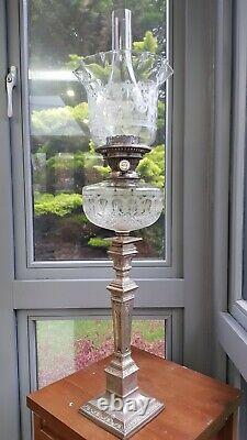 Original silver plated cut glass duplex Oil Lamp etched Shade burner base font