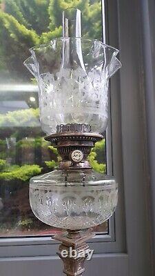 Original silver plated cut glass duplex Oil Lamp etched Shade burner base font