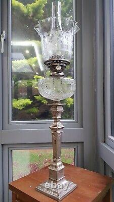 Original silver plated cut glass duplex Oil Lamp etched Shade burner base font