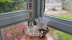 Original silver plated cut glass duplex Oil Lamp etched Shade burner base font