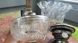 Original silver plated cut glass duplex Oil Lamp etched Shade burner base font