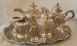 Ornate Antique Indonesia Silver Plate Tea Set & Tray 1900s