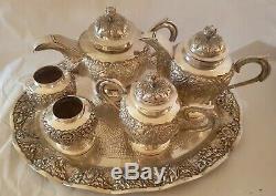 Ornate Antique Indonesia Silver Plate Tea Set & Tray 1900s