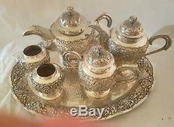 Ornate Antique Indonesia Silver Plate Tea Set & Tray 1900s