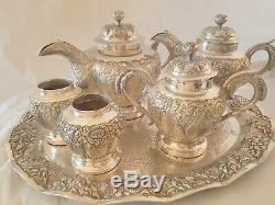 Ornate Antique Indonesia Silver Plate Tea Set & Tray 1900s