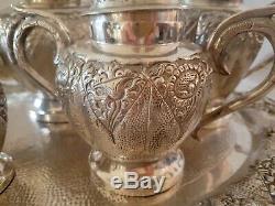 Ornate Antique Indonesia Silver Plate Tea Set & Tray 1900s