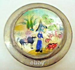 PILL BOX VINTAGE HANDMADE COPPER SILVER PLATE BOX & MOTHER OF PEARL 1950s